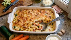 Zapiekanka makaronowa z warzywami i boczkiem – prosta, a wychodzi naprawdę soczysta