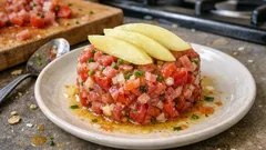 Tatar z szynki dojrzewającej, melona i pomidorów – lekka przystawka bez gotowania