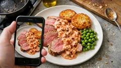 Obiad z pieczenią, ziemniakami, zielonym groszkiem na talerzu, zdjęcie robione smartfonem.