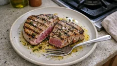 Grillowany stek z tuńczyka na talerzu z przyprawami i widelcem, kuchnia domowa.