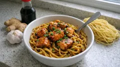 Łosoś z woka z makaronem chińskim – szybki obiad z sosem sojowym, czosnkiem i imbirem