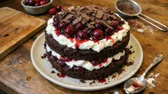 Tort czekoladowy z bitą śmietaną i wiśniami, domowy deser na drewnianym stole