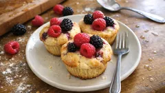 Babeczki jogurtowe z malinami i jeżynami: puszyste, wilgotne i zrobisz je „na kubeczek”