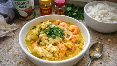 Ryby i krewetki w mleku kokosowym z curry – prosty obiad z piekarnika