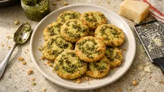 Wytrawne ciasteczka z pesto i serem na talerzu, obok tarty ser i słoik z pesto.