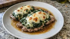 Escalopki cielęce po florencku: szpinak w śmietance i mozzarella z piekarnika