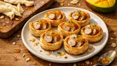 Mini tarteletki z ciasta francuskiego z białą kiełbasą i chutneyem z mango