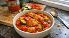 Kurczak po baskijsku z cukinią – jednogarnkowy obiad w pomidorowo-paprykowym sosie