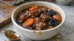 Gulasz wołowy duszony w piwie z marchewką i suszonymi śliwkami – treściwy obiad na 2 dni