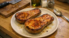 Pieczona dynia piżmowa na talerzu, przyprawiona oliwą i przyprawami, kuchenny blat.