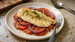 Danie z pieczonej ryby na plastrach pomidora i cebuli na talerzu, widelcem i łyżką.