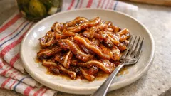 Flaki wołowe w sosie na talerzu, tradycyjne polskie danie, widelcem na białym talerzu.