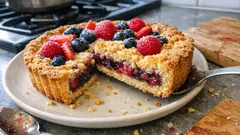 Tarta z owocami leśnymi na talerzu, pokrojona, na kuchennym blacie