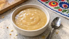 Zupa krem z białych warzyw w misce na stole, obok łyżka i kolorowa serwetka