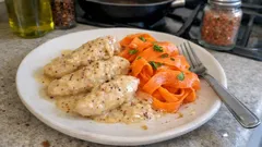 Polędwiczki z kurczaka w sosie musztardowym i marchewkowe „tagliatelle” z patelni