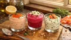 Verrines na zimno: trzy szybkie kremy w kieliszkach (łosoś, burak i serek)