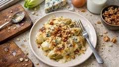 Kluski z serem pleśniowym, orzechami włoskimi i cykorią na talerzu, widok z góry.