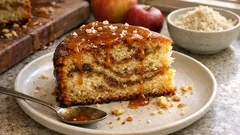 Kawałek ciasta z jabłkami i kruszonką na talerzu, w tle jabłka i miska z kruszonką.