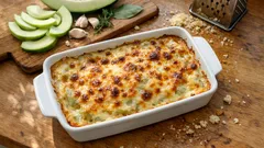 Zapiekanka z cukinii z serem w białym naczyniu, świeże warzywa na desce obok.