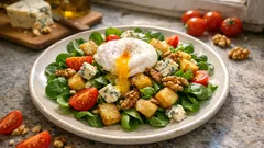 Sałatka z roszponką, chrupiącymi ziemniakami i jajkiem w koszulce – jak z bistro