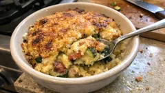 Zapiekanka makaronowa z serem i warzywami w białym naczyniu, łyżka w środku.