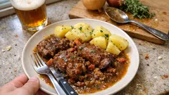 Policzki wieprzowe duszone w piwie – gęsty, słodowo-ziołowy sos, który zawsze wychodzi