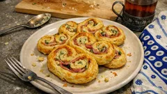 Zawijane przekąski z ciasta francuskiego z szynką, serem i ziołami na talerzu