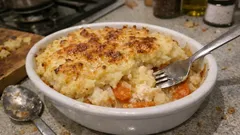 Zapiekanka z dorszem i marchewką pod purée czosnkowym – prosta i sycąca