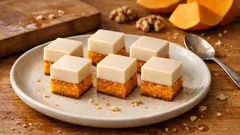 Ciasto dyniowe z galaretką mleczną, pokrojone w kostki na talerzu, jesienny deser