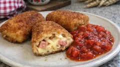 Krokiety makaronowe z szynką i serem – chrupiące na zewnątrz, kremowe w środku