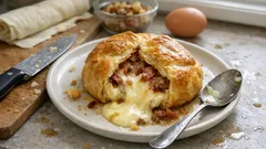 Pieczony camembert w cieście francuskim z boczkiem, na talerzu, apetyczny serowy farsz.