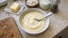 Purée ziemniaczane w misce, obok masło, mleko, mąka i przyprawy na kuchennym blacie.