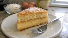 Kawałek domowego ciasta kokosowego na talerzu z widelcem, deser na tle składników w kuchni.