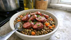 Kiełbasa Montbéliard z zieloną soczewicą i marchewką – rozgrzewający obiad z jednego garnka