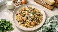 Makaron z grzybami i kurczakiem w sosie śmietankowo-serowym – prosty trik na soczyste mięso