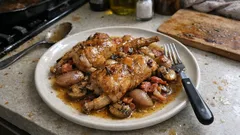 Danie z kurczakiem, pieczarkami i warzywami na talerzu, gotowe do spożycia