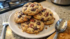 Ciasteczka z kawałkami czekolady i orzechami na białym talerzu na kuchennym blacie