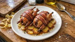 Przepiórki owinięte boczkiem na plastrach ziemniaków – wszystko z jednego naczynia