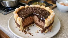 Tort czekoladowy z biszkoptami i polewą na talerzu, ukrojony kawałek, kuchnia w tle