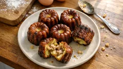 Francuskie ciastka canelé na talerzu, deser z chrupiącą skórką i kremowym wnętrzem.