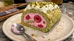 Rolada pistacjowo-malinowa w stylu bûche: efektowna, a robi się ją zaskakująco łatwo