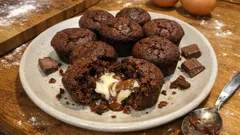 Czekoladowe muffiny z płynnym nadzieniem na talerzu, kawałki czekolady i jajka w tle.