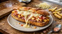 Kanapka z frytkami, szynką i roztopionym serem na talerzu, fast food na drewnianym stole.