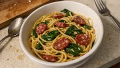 Spaghetti z fuet na oliwie i czosnku – szybki makaron ze szpinakiem lub pomidorkami