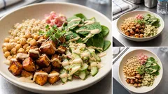 Buddha bowl z ciecierzycą i pieczonym batatem – prosty sos tahini robi różnicę