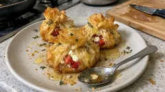 Chrupiące sakiewki z ciasta filo z kozim serem i pomidorami – prosto z piekarnika