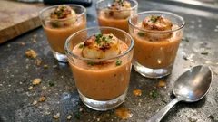 Krem pomidorowy w szklankach z grillowaną krewetką, podany na tacy, łyżka obok.