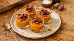 Krem z dyni w szklankach z chipsami z boczku na talerzu, jesienne danie na drewnianym stole.