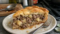 Kawałek wytrawnej zapiekanki mięsnej z ziemniakami na talerzu z widelcem.