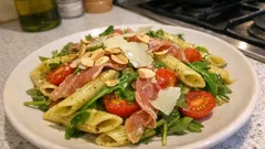 Sałatka z penne, rukolą i szynką dojrzewającą – szybka, a pesto robi robotę